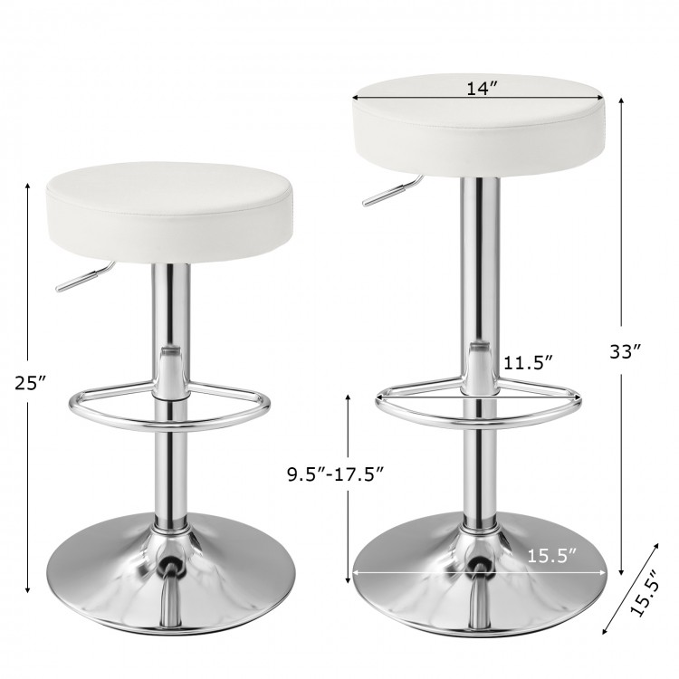 Adjustable round white PU leather swivel barstools with chrome footrest, 25" and 33" height options, perfect for bars.