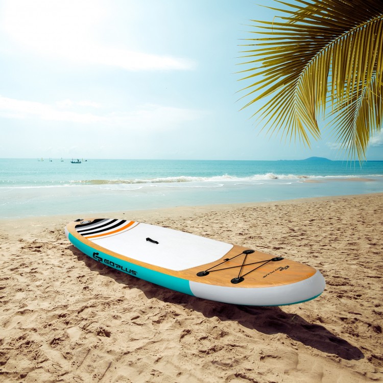 Inflatable 10' stand-up paddle board on the beach, featuring durable construction and portable carry bag for easy.