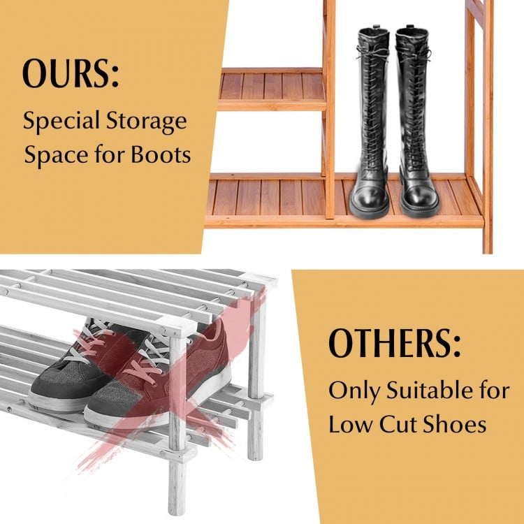 Four-tier bamboo shoe rack featuring a tall storage area for boots, ideal for entryway or hallway organization.
