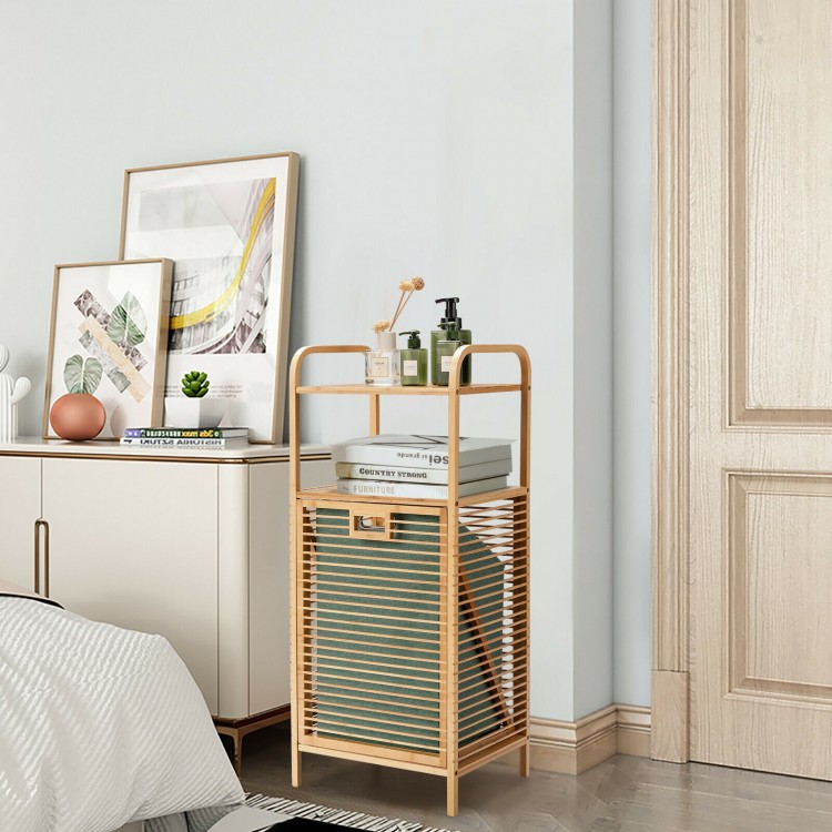 Tilt-out bamboo laundry hamper with 2-tier shelf, natural finish, ideal for bedroom or bathroom storage.