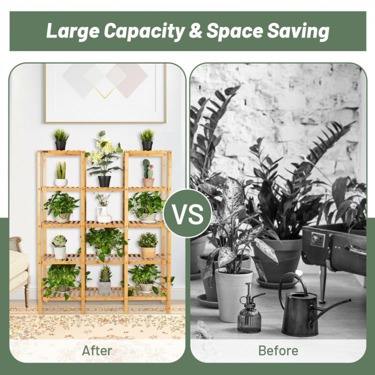5-tier bamboo shelf with 12 potted plants, showcasing large capacity and space-saving design for versatile display.