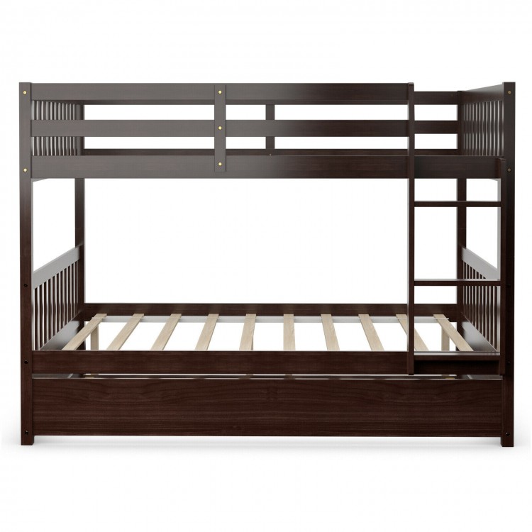 Full over full bunk bed in brown wood with sturdy slats, ladder, and guardrails, ideal for kids' rooms or guest spaces.