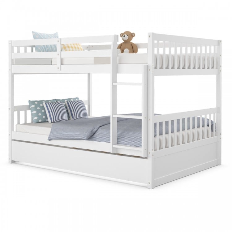 Full over full bunk bed in white wood with trundle, featuring sturdy slats and guardrails, ideal for kids' rooms.
