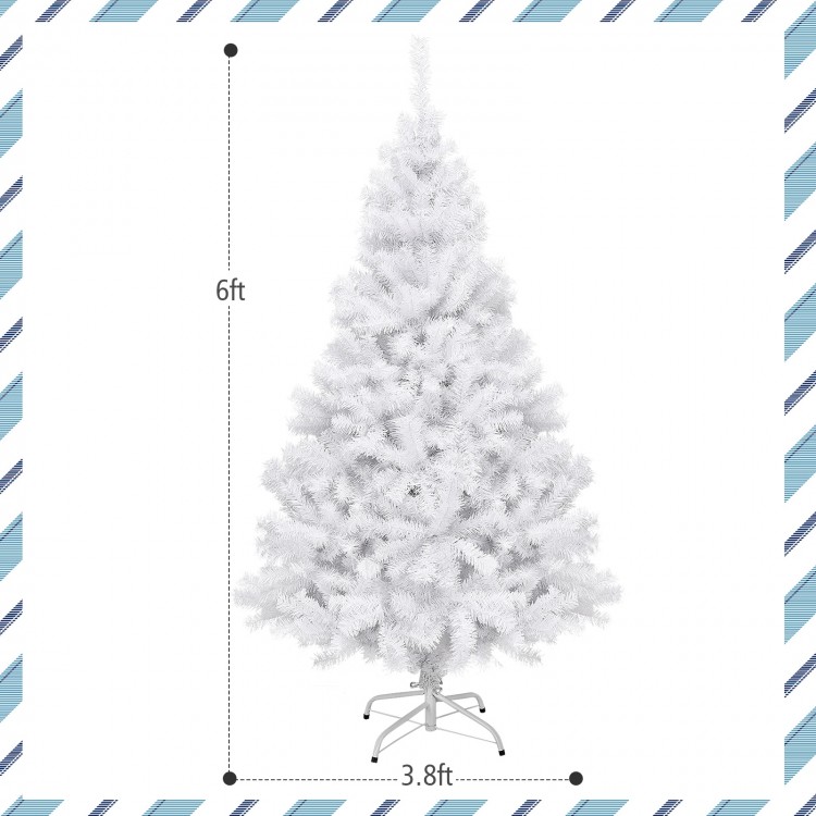6 ft hinged artificial Christmas tree with thick branches and a sturdy metal stand, perfect for festive home decoration.