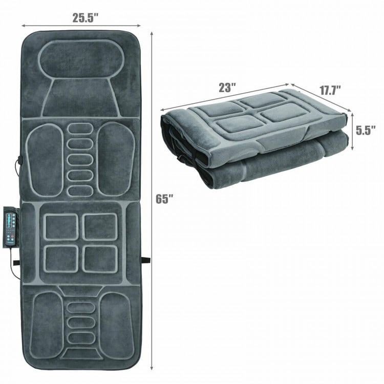 Foldable massage mat with heat, featuring 10 vibration motors, ideal for muscle relief at home or office.