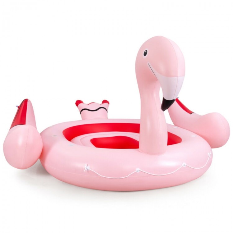 Inflatable pink flamingo floating island for 4-6 people with 6 cup holders, perfect for pool and river parties.