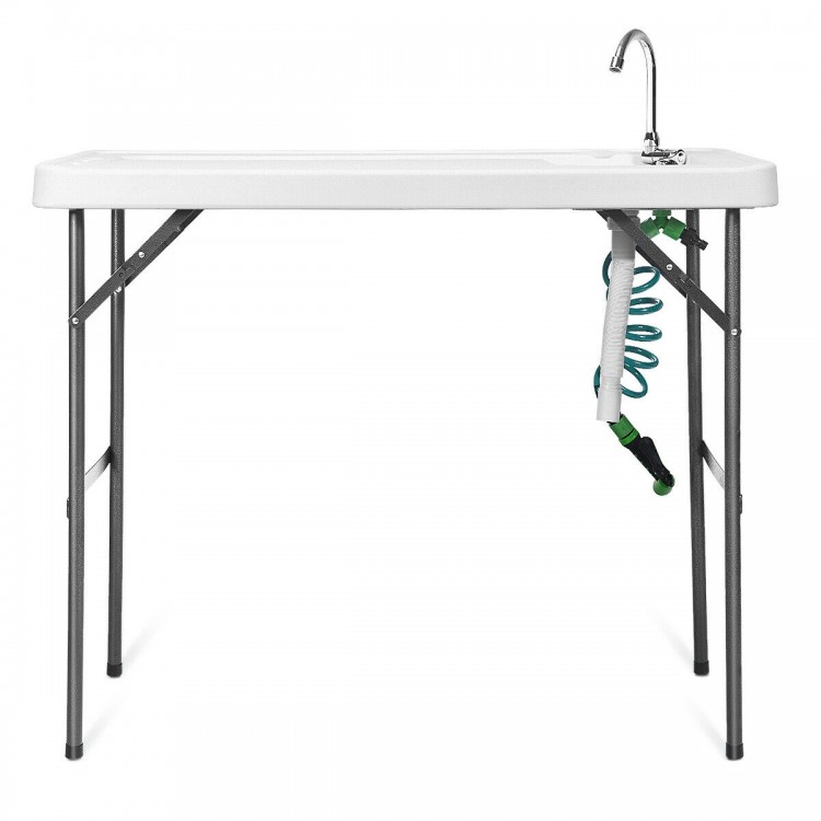 Folding cleaning sink table with quick-connect faucet and sprayer, ideal for outdoor cleaning and potting tasks.