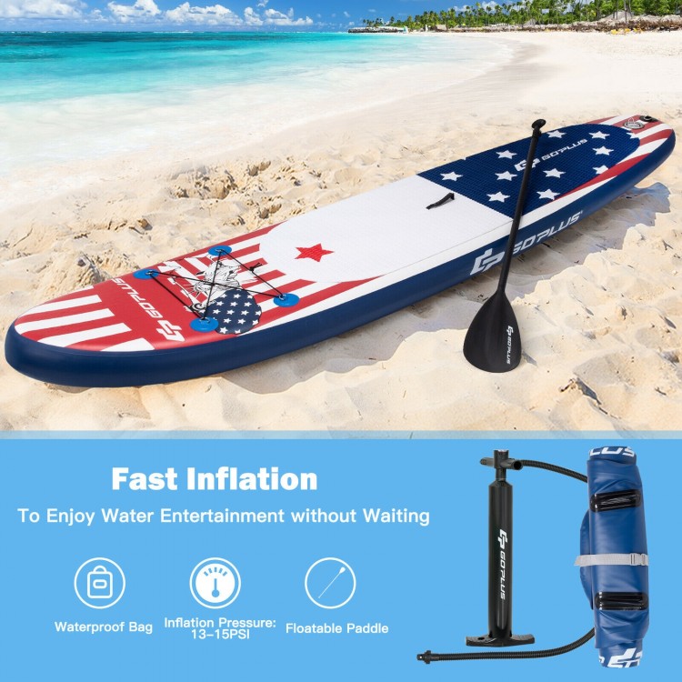 11-foot inflatable stand up paddle board with American flag design, perfect for surfing, yoga, and fishing in various.