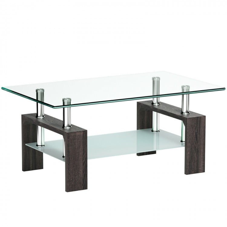 Rectangular coffee table with tempered glass top and black MDF base, featuring a bottom shelf for extra storage.