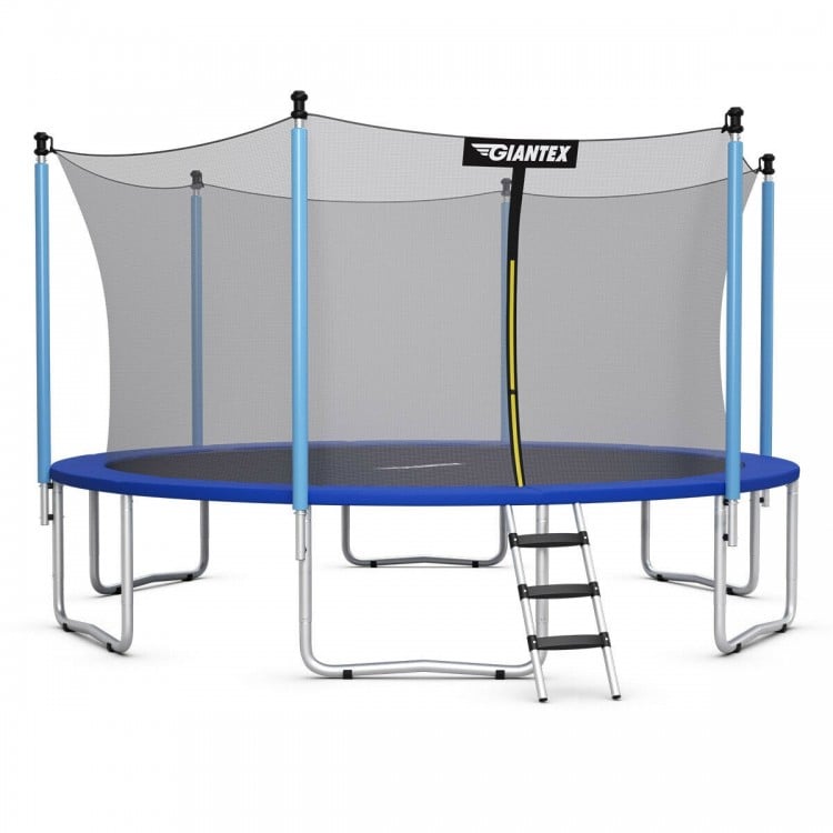 Side view of a 15-foot outdoor trampoline with safety enclosure net, featuring sturdy W-shaped legs and a 375 lbs.
