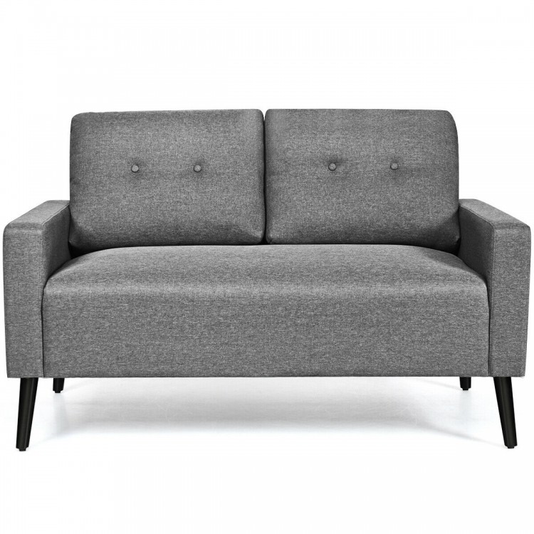 Modern gray loveseat sofa with soft cushion and solid rubber wood legs, perfect for living room or office use.