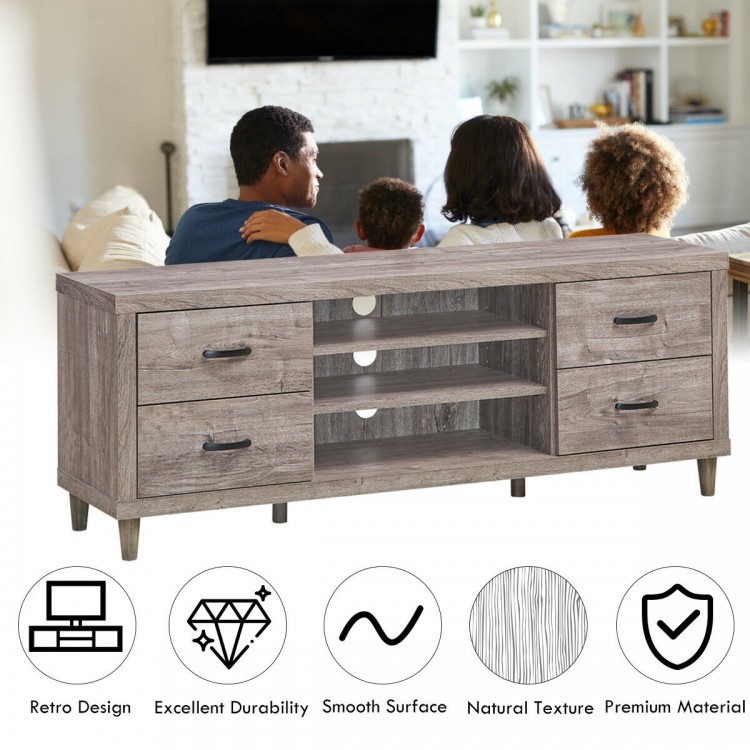 Retro wooden TV stand with 3 open shelves and 4 drawers, designed for flat screen TVs up to 65", perfect for living.
