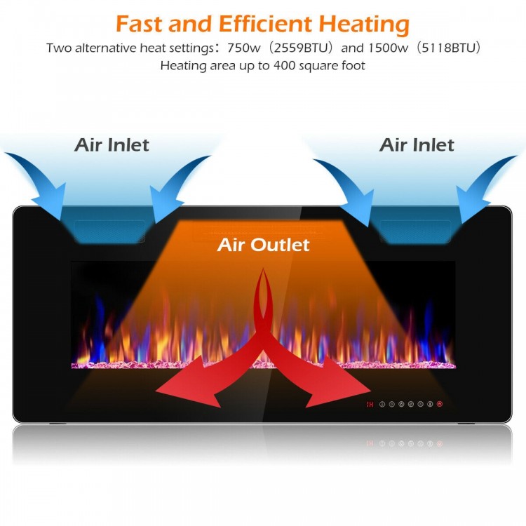 42-inch recessed electric fireplace with 12 flame colors, 750W/1500W heat settings, and remote control for easy use.