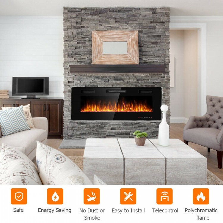 50-inch recessed electric fireplace with 12 flame colors, remote control, and energy-saving features for stylish home.