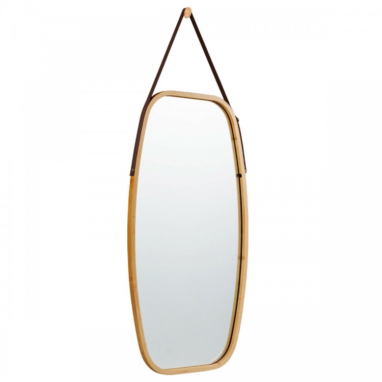 Modern 30-inch rectangle wall mirror with a bamboo frame and adjustable leather strap, perfect for any room decor.