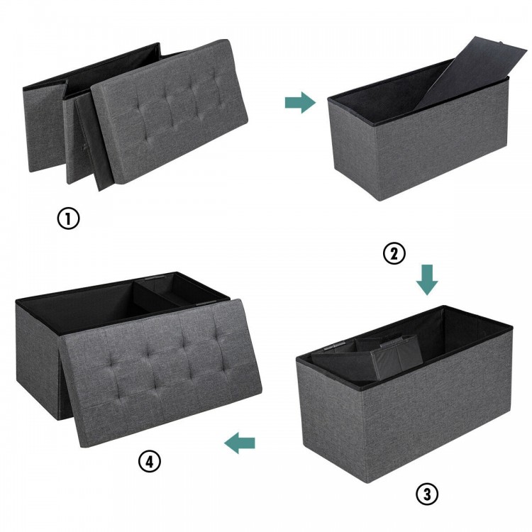 Foldable dark gray fabric storage ottoman with removable bin, featuring a padded seat and spacious interior for.