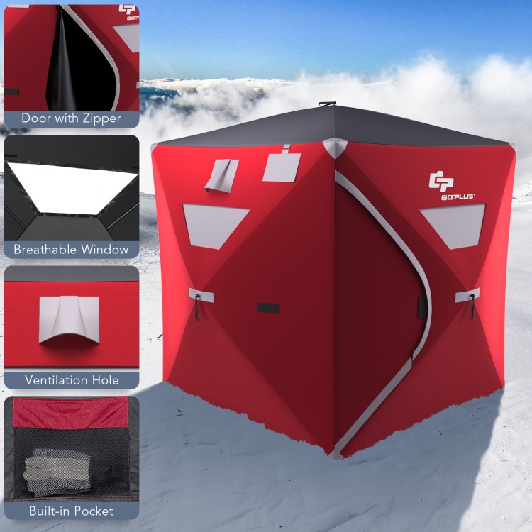 Portable 2-person ice fishing tent in red, featuring a zippered door, breathable window, and built-in pocket for.