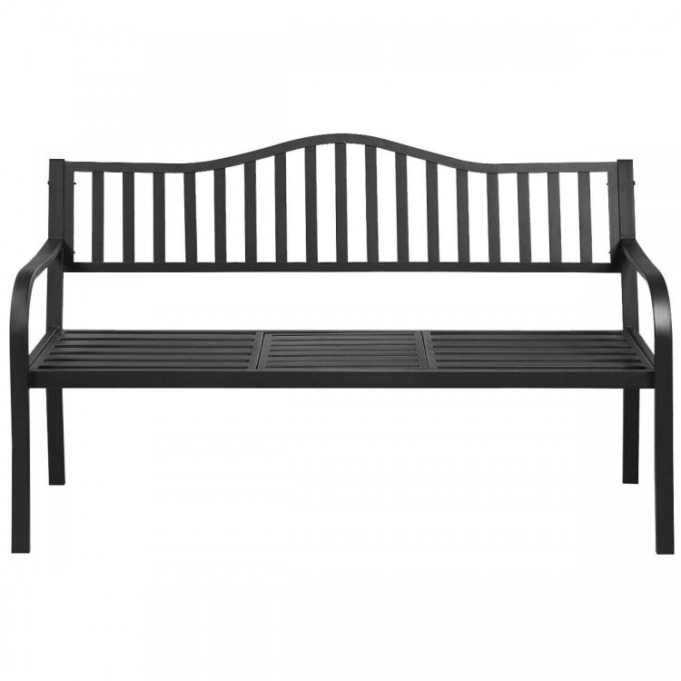 Patio garden bench with steel frame, curved armrests, and foldable center table for outdoor relaxation and convenience.