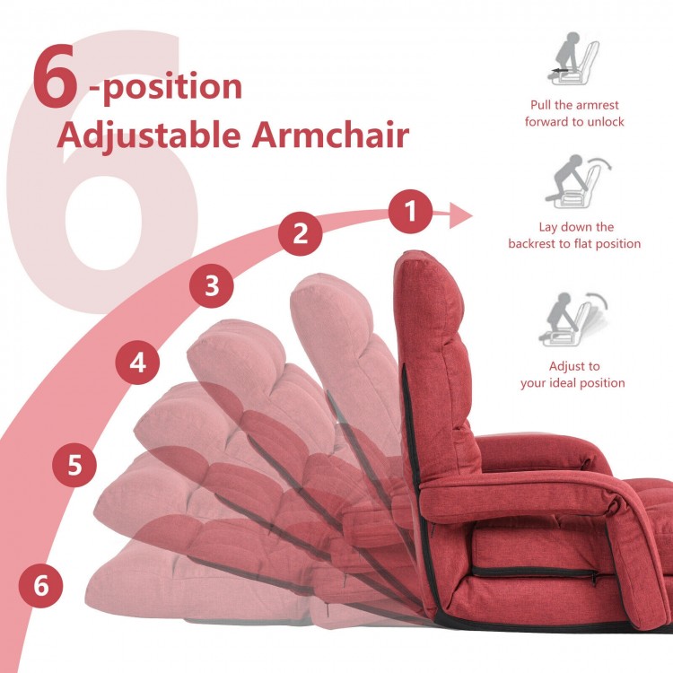 Red folding lazy floor chair with adjustable backrest, armrests, and pillow for comfortable lounging in any room.