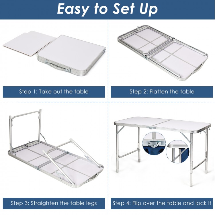 Height adjustable folding camping table in blue, showcasing easy setup steps and compact design for outdoor use.