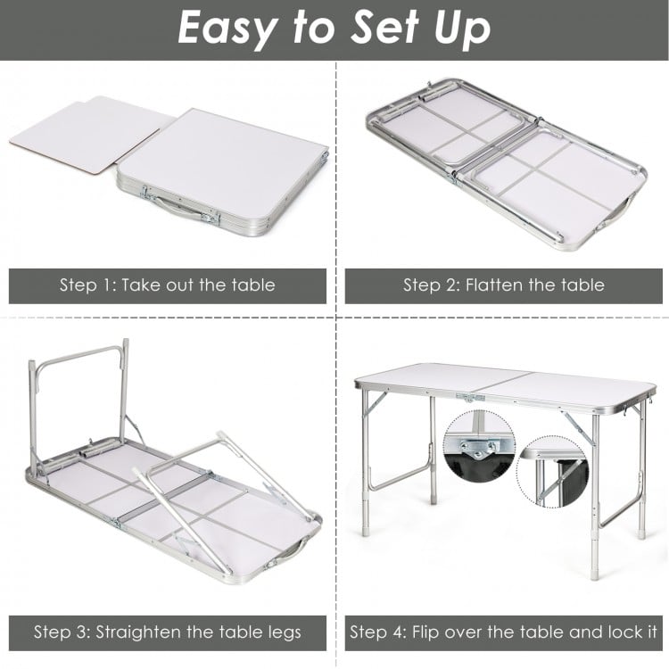 Height adjustable folding camping table in gray, shown in assembly steps for easy setup and transport.