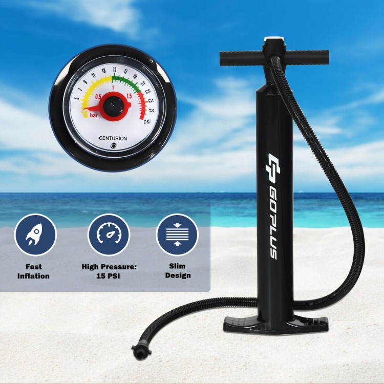 Manual inflatable pump with pressure gauge for quick inflation of inflatable paddle boards, ideal for water activities.