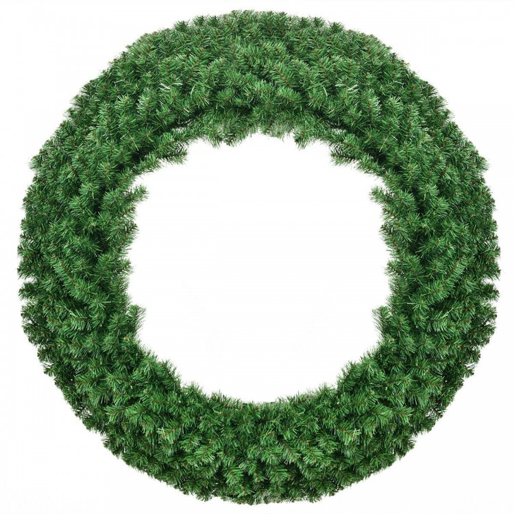 48-inch pre-lit cordless artificial Christmas wreath with 200 warm LED lights for indoor and outdoor holiday decoration.