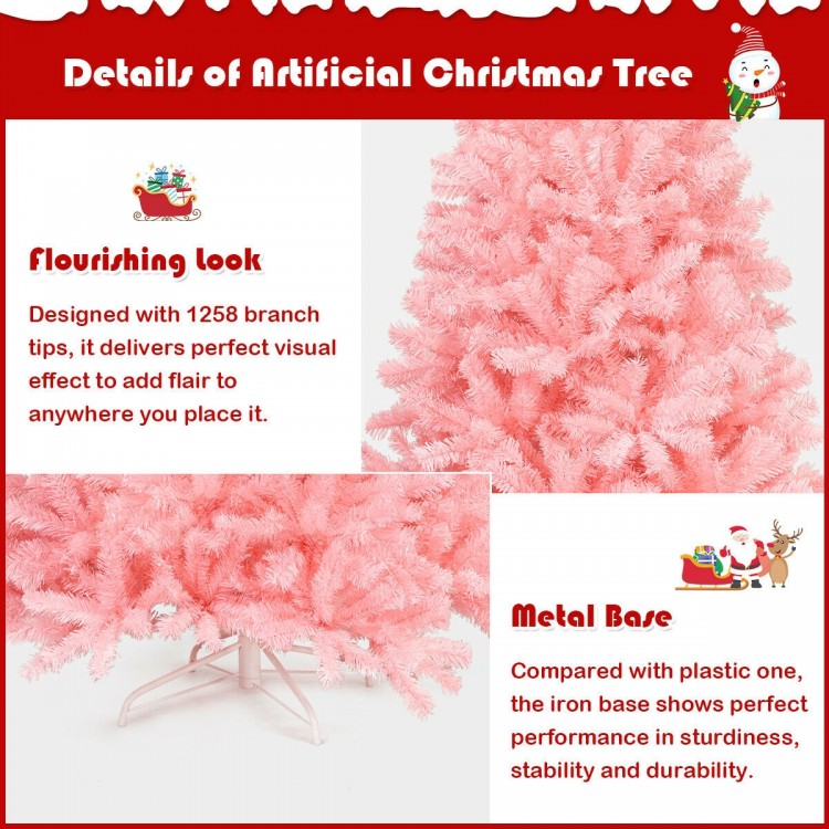 Flourishing pink 7.5 feet artificial Christmas tree with sturdy metal base, perfect for festive decorations in any.
