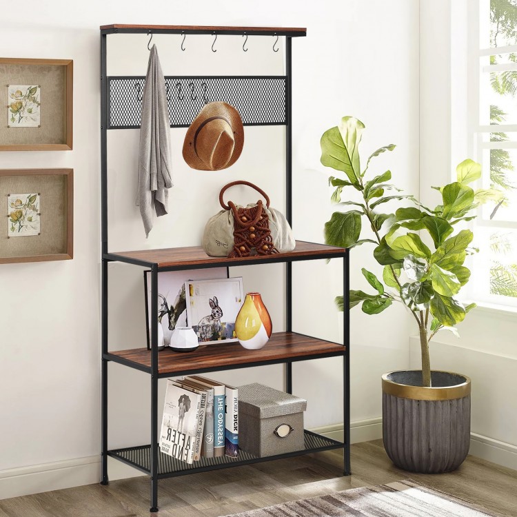 4-tier kitchen rack stand with wooden shelves, mesh panel, and 11 hooks for versatile storage in any room.