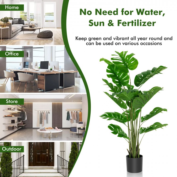 5 feet artificial monstera tree set with 15 large leaves in a solid pot, perfect for indoor and outdoor decoration.