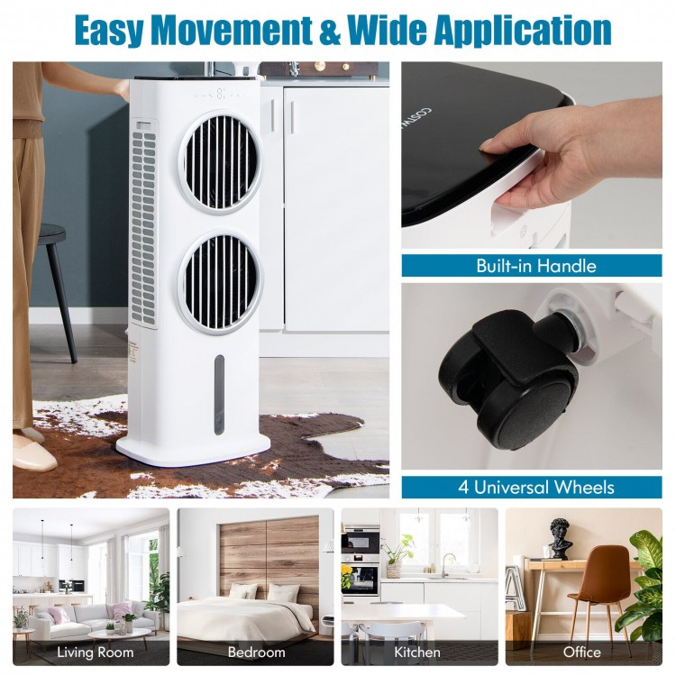 3-in-1 evaporative air cooler in white with 4 wheels, remote control, and 80° oscillation for effective cooling.