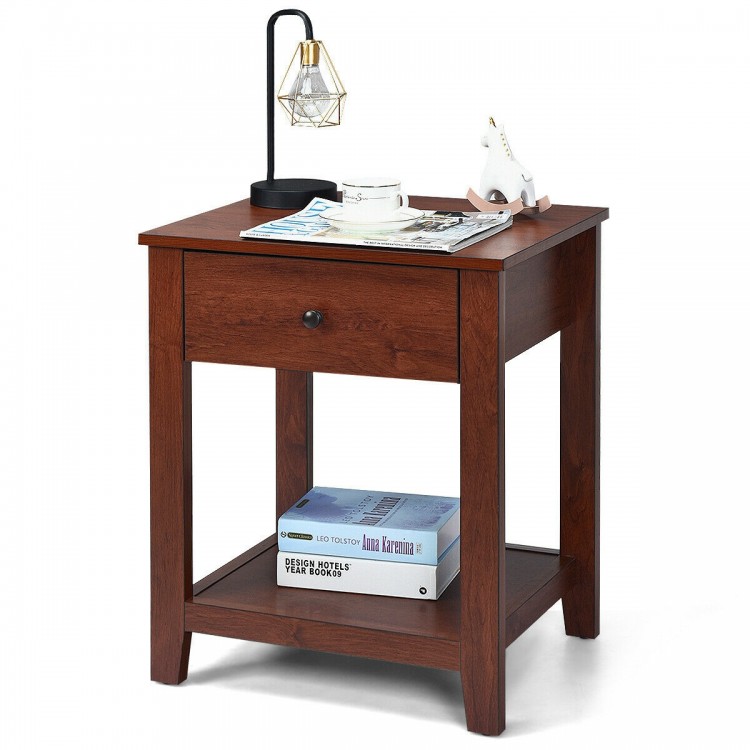 Wooden nightstand with drawer and open shelf, crafted from particleboard, ideal for bedroom or living room storage.