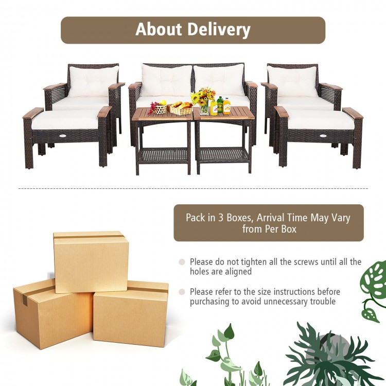 7-piece patio rattan cushioned conversation set with mix brown PE rattan, featuring 2 chairs, 1 loveseat, and 2.