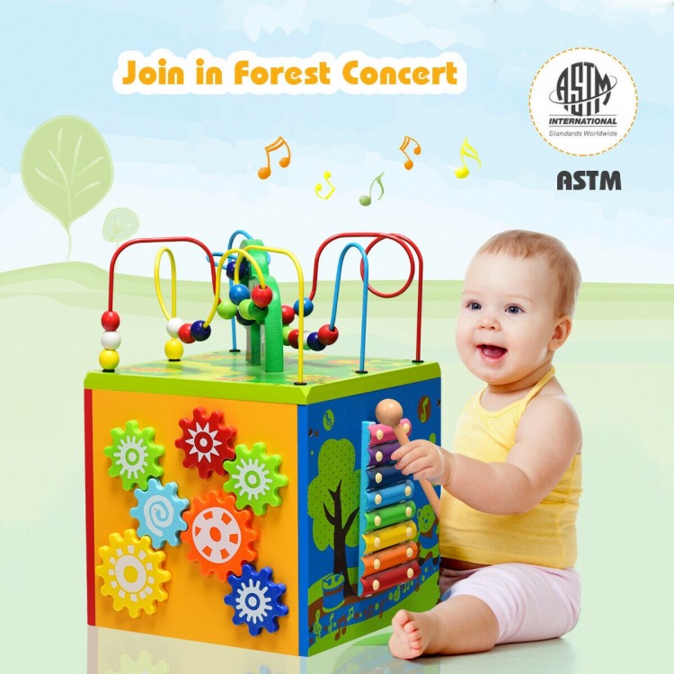 Colorful 5-in-1 wooden activity cube toy with bead maze, xylophone, and gears for kids' early education and fun.