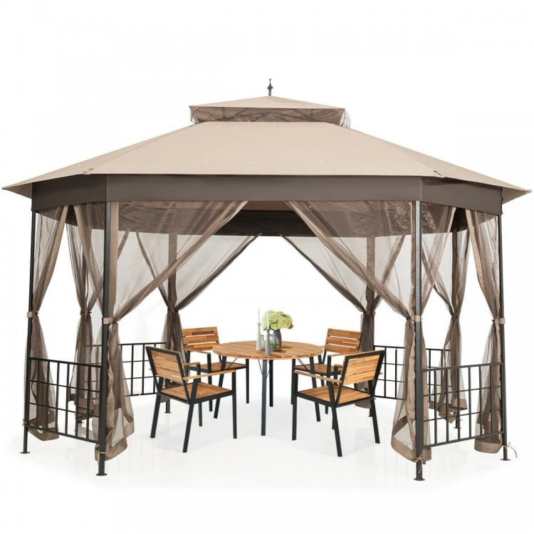 Octagonal 10’x12’ brown patio gazebo with steel frame, zippered sidewalls, and dual-tier roof for outdoor gatherings.