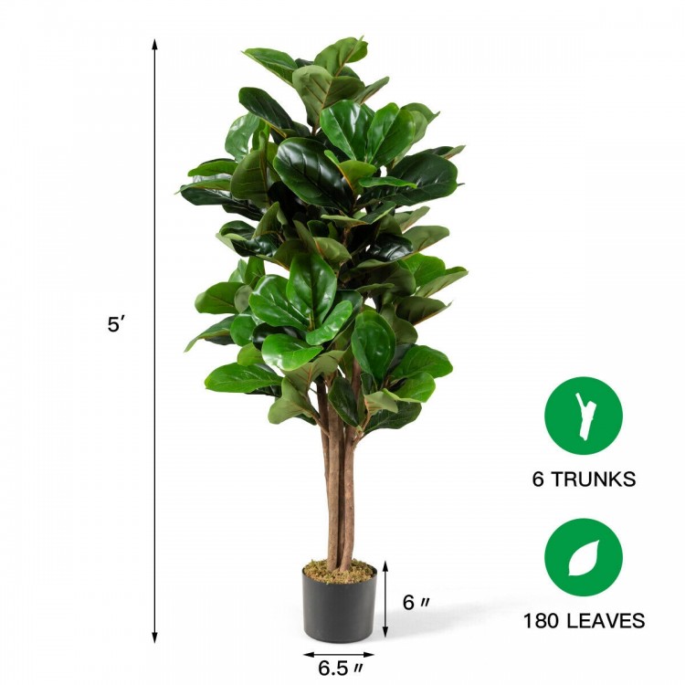 5-foot artificial fiddle leaf fig tree with 180 leaves and 6 trunks in a decorative pot, perfect for indoor or outdoor.