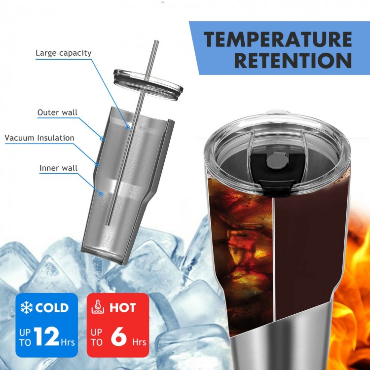 30oz stainless steel tumbler with double wall vacuum insulation, designed for hot and cold drinks, ideal for daily use.