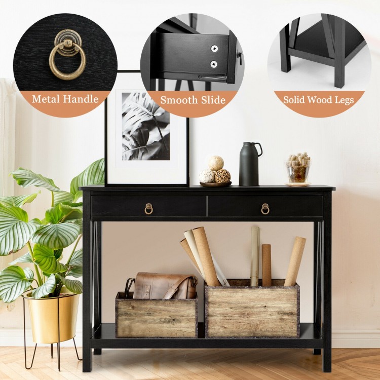 Black console table with 2 drawers, metal handles, and open shelf for stylish entryway or living room storage.