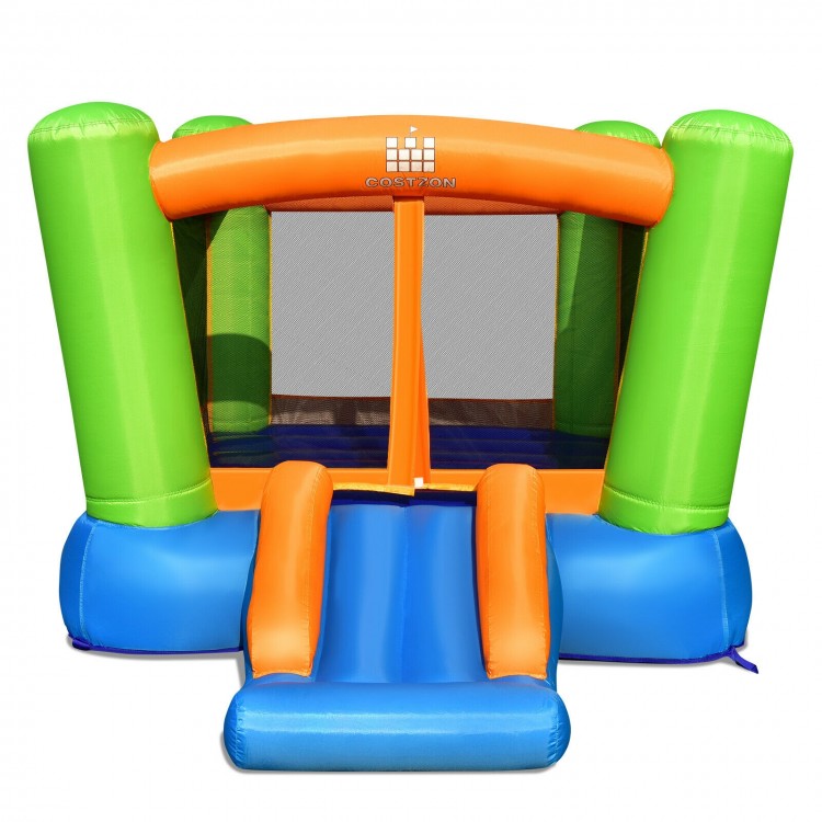 Kids inflatable bounce house features a vibrant design and a safe mesh wall, ideal for fun backyard playdates.