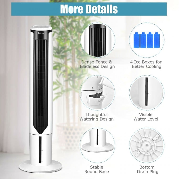 41-inch evaporative air cooler with a bladeless design, 3 modes, and 3 speeds for efficient cooling in any room.