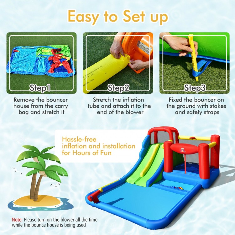 Inflatable water slide with climbing wall, slide, and ball pit, made of high-grade oxford cloth for outdoor fun.