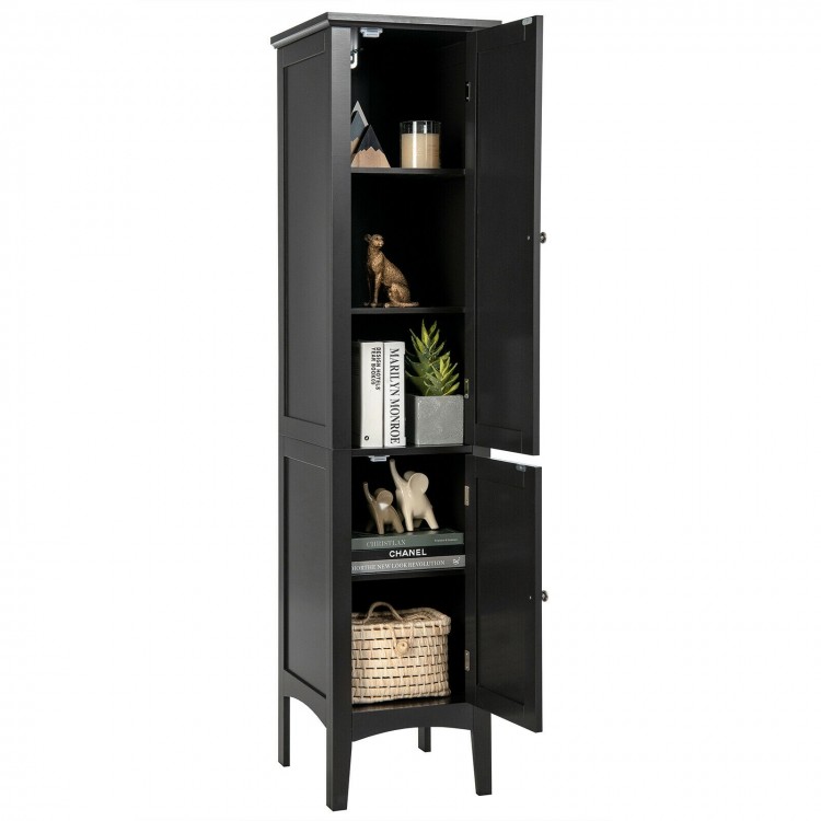 Freestanding black bathroom storage cabinet with five shelves, compact design, and raised feet for damp prevention.