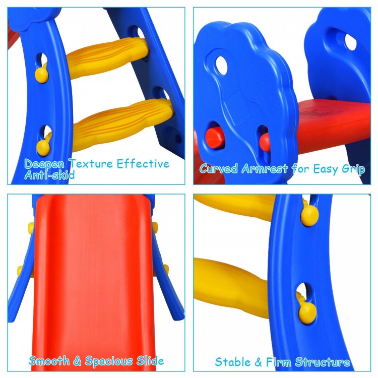 Curved armrest and deepened anti-skid texture on the 2-step kids plastic slide for safe indoor play and climbing.