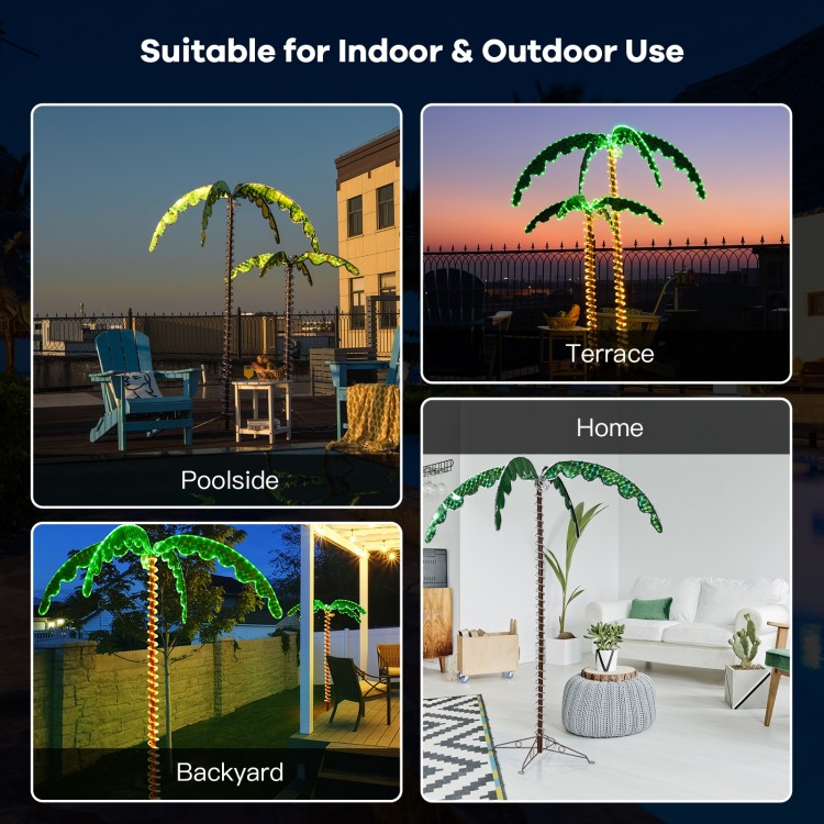 7 feet LED pre-lit palm tree decor with warm lights, perfect for indoor and outdoor use in patios and backyards.