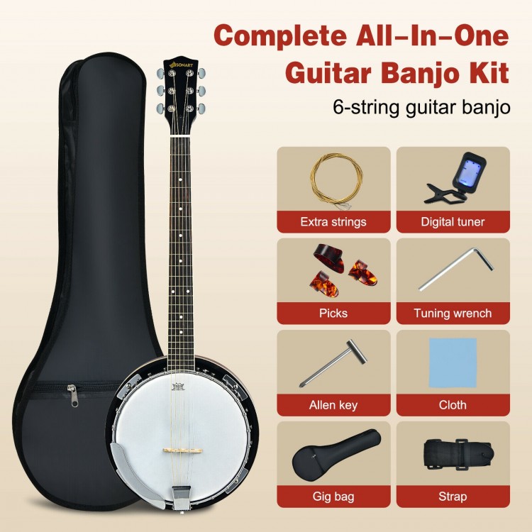 39-inch Sonart 6-string banjo with open back, includes gig bag, tuner, extra strings, and picks for versatile playing.