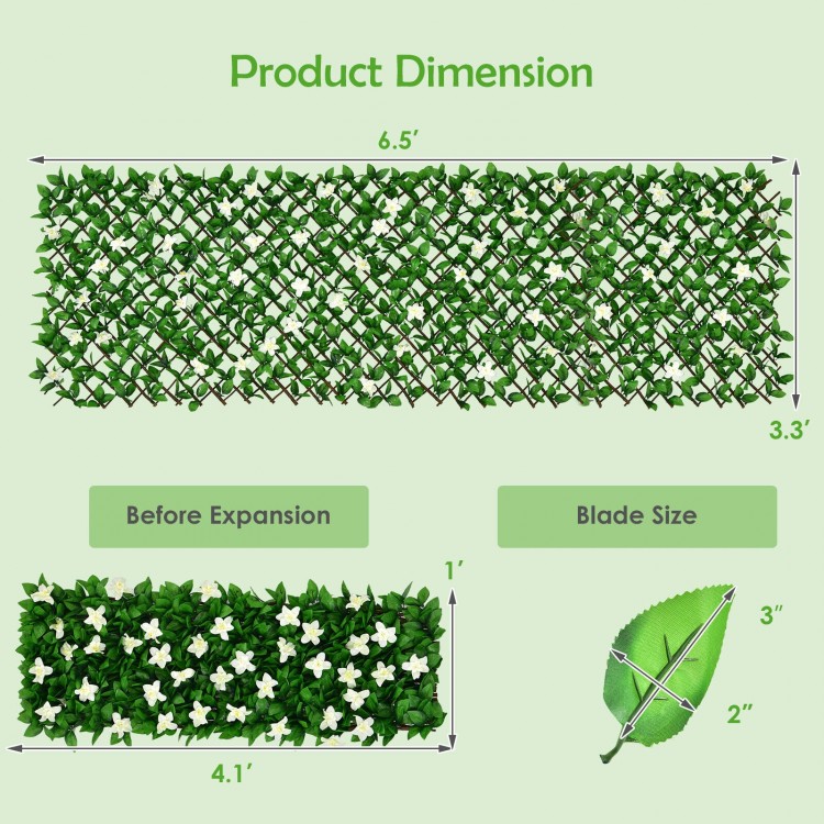 Expandable faux ivy privacy screen fence panel with white flowers, measuring 6.5' x 3.3', ideal for outdoor decor.