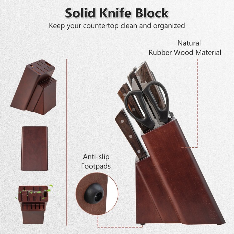 Solid knife block with 15-piece stainless steel knife set, featuring ergonomic handles and anti-slip footpads for.