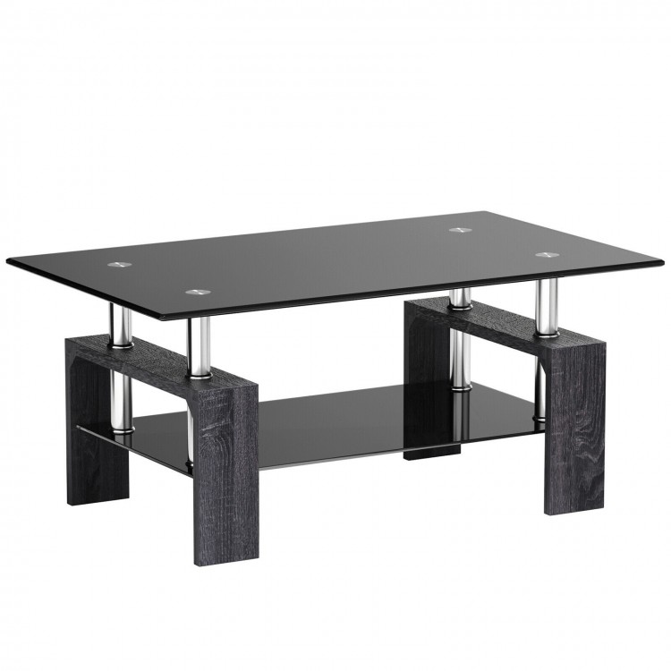 Rectangular gray coffee table with tempered glass top and shelf, featuring stainless steel bars and sleek rounded.
