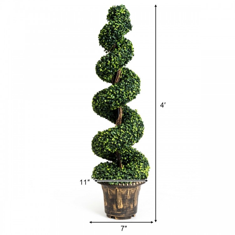Artificial boxwood spiral tree, 4 feet tall with green leaves, perfect for indoor or outdoor decoration.
