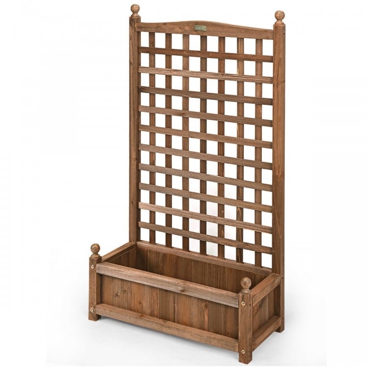 Free standing solid wood planter box with trellis, weather-resistant design for outdoor use, ideal for gardens and.